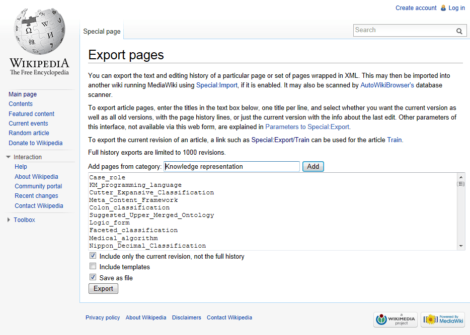 Special:Export from the Wikipedia